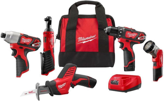 Milwaukee 2498-25 M12 12V Cordless 5-Tool Combo Kit: 2407-20 3/8 in.Drill/Driver + 2462-20 1/4 in. Hex Impact Driver+2420-20 Hackzall Recip Saw+2457-20 3/8 in.Ratchet+49-24-0146 LED Worklight,YKGAV