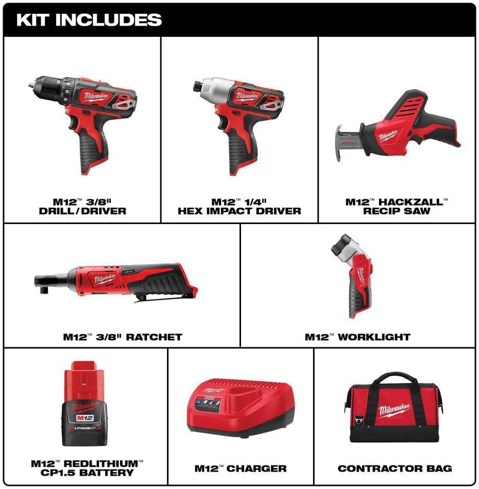 Milwaukee 2498-25 M12 12V Cordless 5-Tool Combo Kit: 2407-20 3/8 in.Drill/Driver + 2462-20 1/4 in. Hex Impact Driver+2420-20 Hackzall Recip Saw+2457-20 3/8 in.Ratchet+49-24-0146 LED Worklight,YKGAV