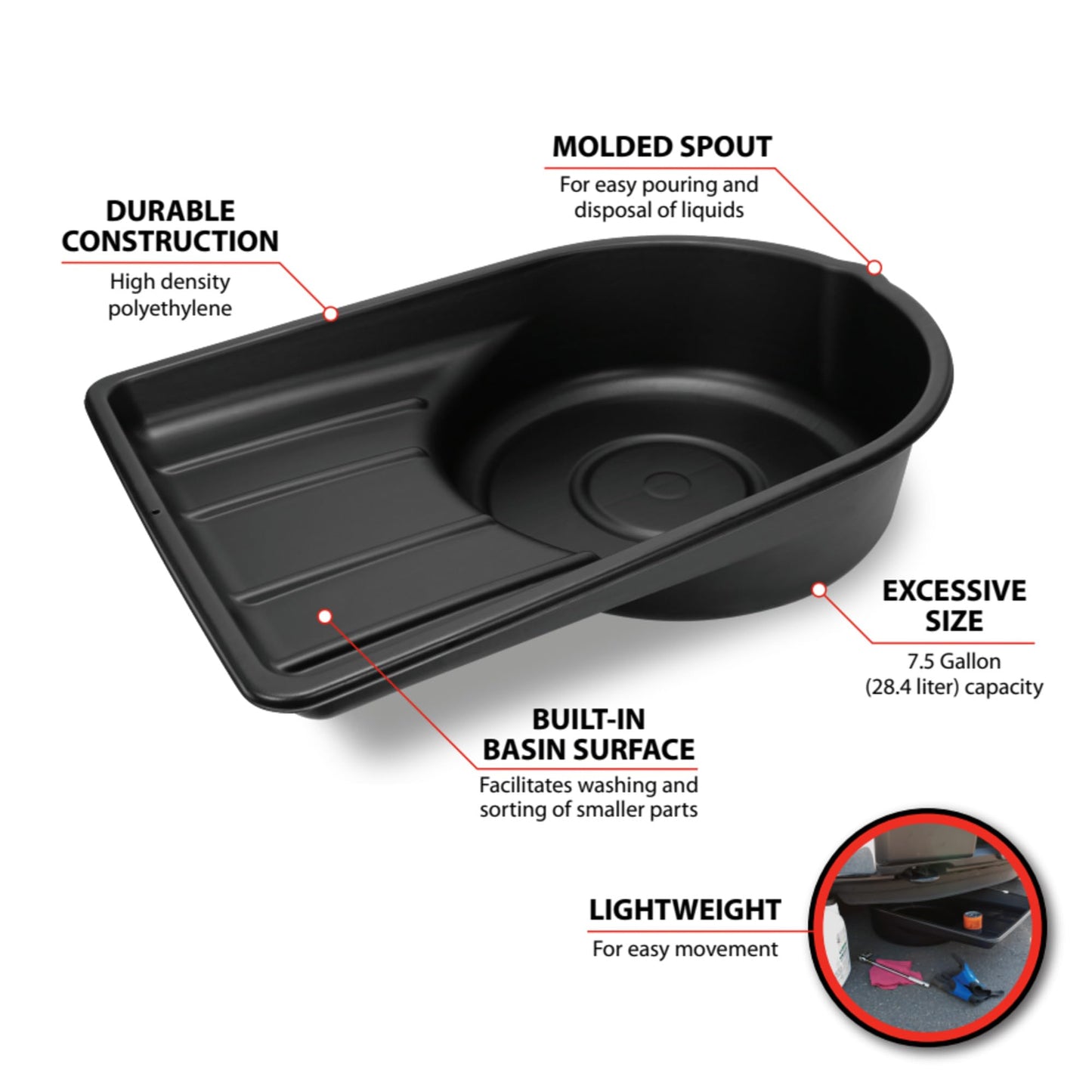 Performance Tool W4076 10-Quart Oil Drain Container, Deep Drain Well, Integrated Handles, Sealing Rubber Gaskets, Black