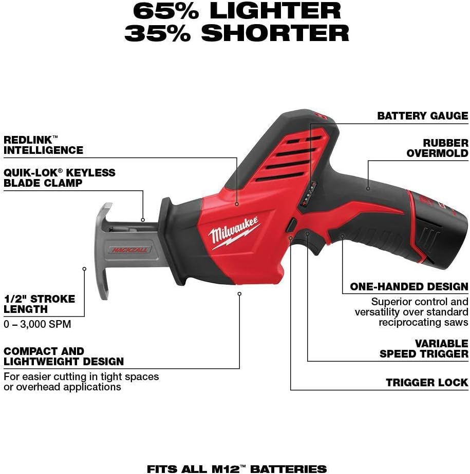 Milwaukee 2498-25 M12 12V Cordless 5-Tool Combo Kit: 2407-20 3/8 in.Drill/Driver + 2462-20 1/4 in. Hex Impact Driver+2420-20 Hackzall Recip Saw+2457-20 3/8 in.Ratchet+49-24-0146 LED Worklight,YKGAV