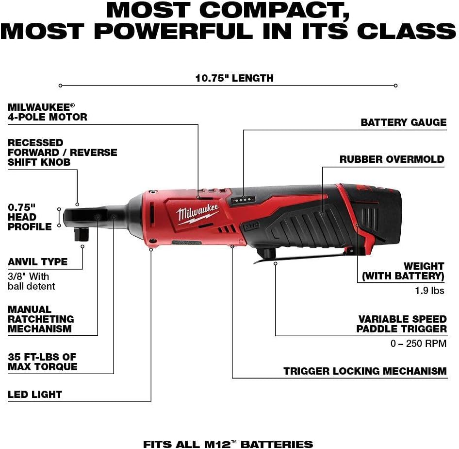 Milwaukee 2498-25 M12 12V Cordless 5-Tool Combo Kit: 2407-20 3/8 in.Drill/Driver + 2462-20 1/4 in. Hex Impact Driver+2420-20 Hackzall Recip Saw+2457-20 3/8 in.Ratchet+49-24-0146 LED Worklight,YKGAV