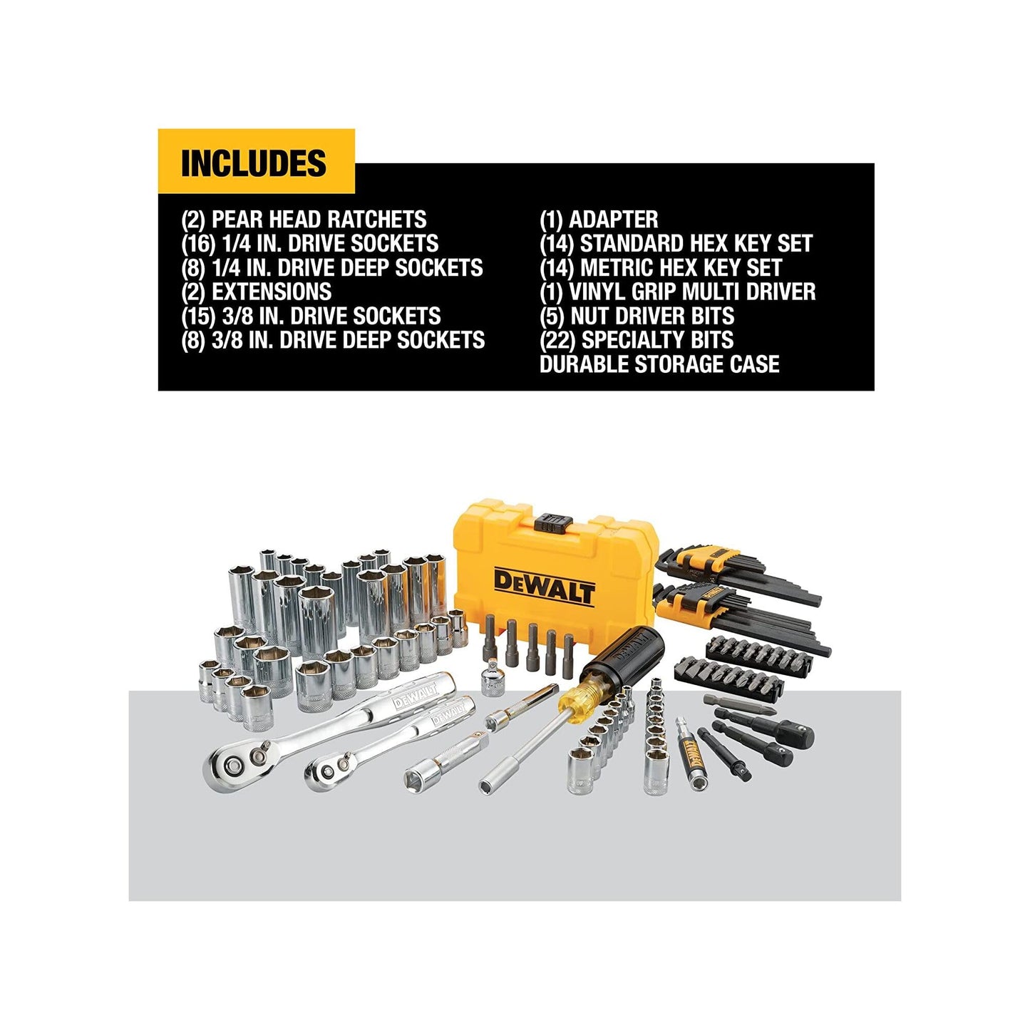 DEWALT Mechanics Tools Kit and Socket Set, 142-Piece, 1/4 & 3/8" Drive, MM/SAE (DWMT73802)