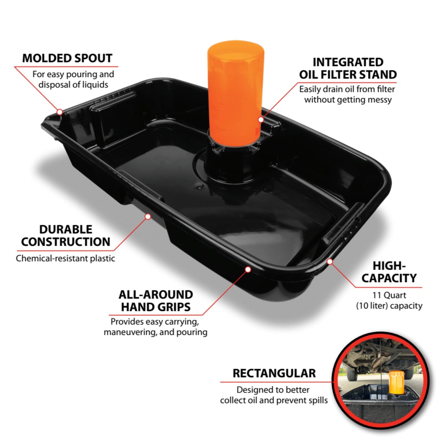 Performance Tool W4076 10-Quart Oil Drain Container, Deep Drain Well, Integrated Handles, Sealing Rubber Gaskets, Black