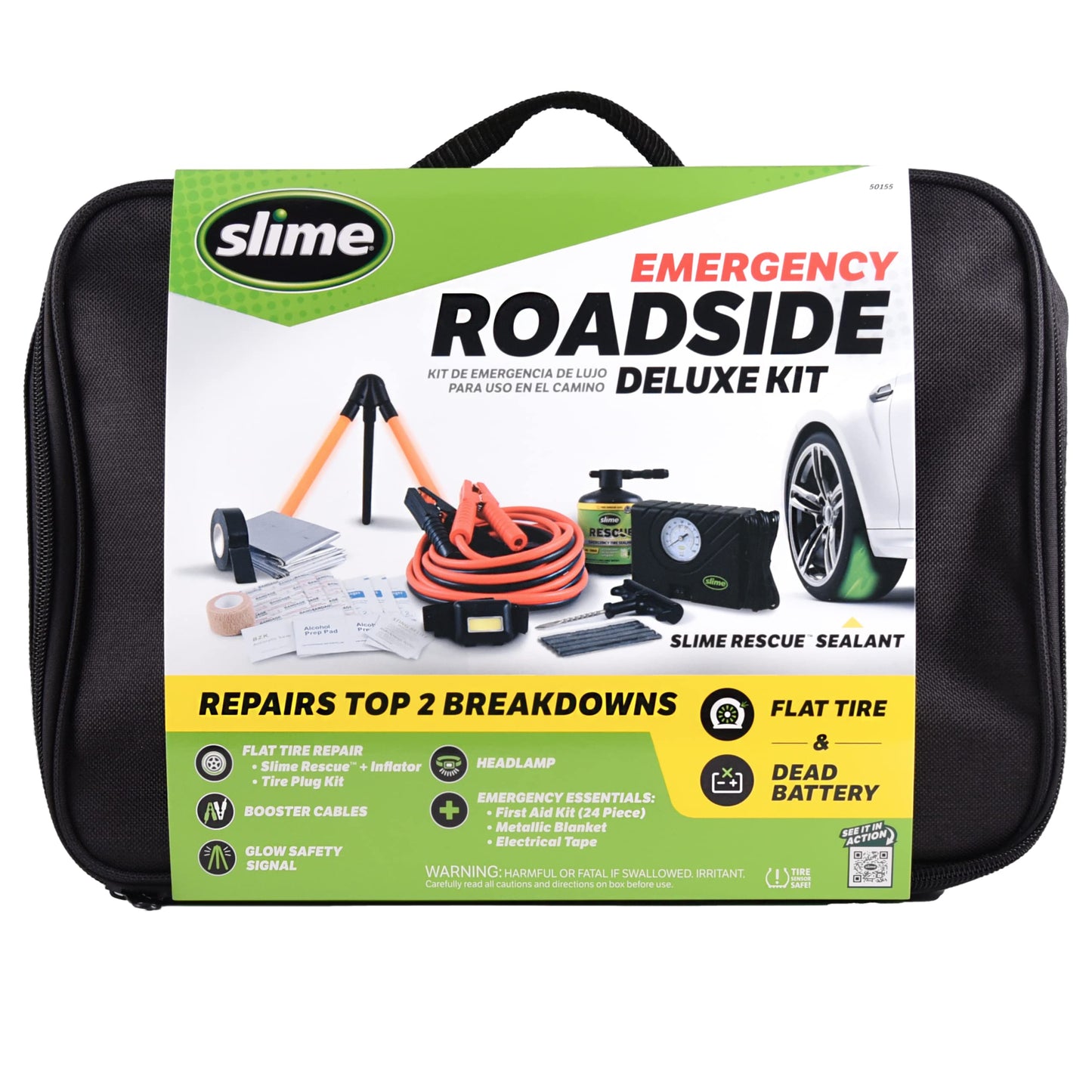 Slime 50160 Emergency Roadside Kit with Flat tire Repair and Booster Cables for Truck/SUV, Heavy-Duty Vehicles