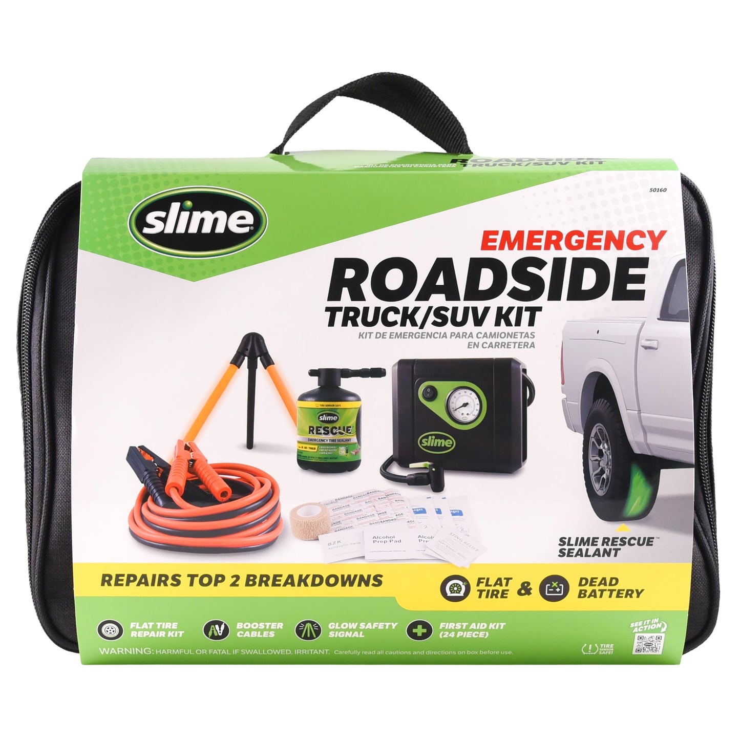 Slime 50160 Emergency Roadside Kit with Flat tire Repair and Booster Cables for Truck/SUV, Heavy-Duty Vehicles