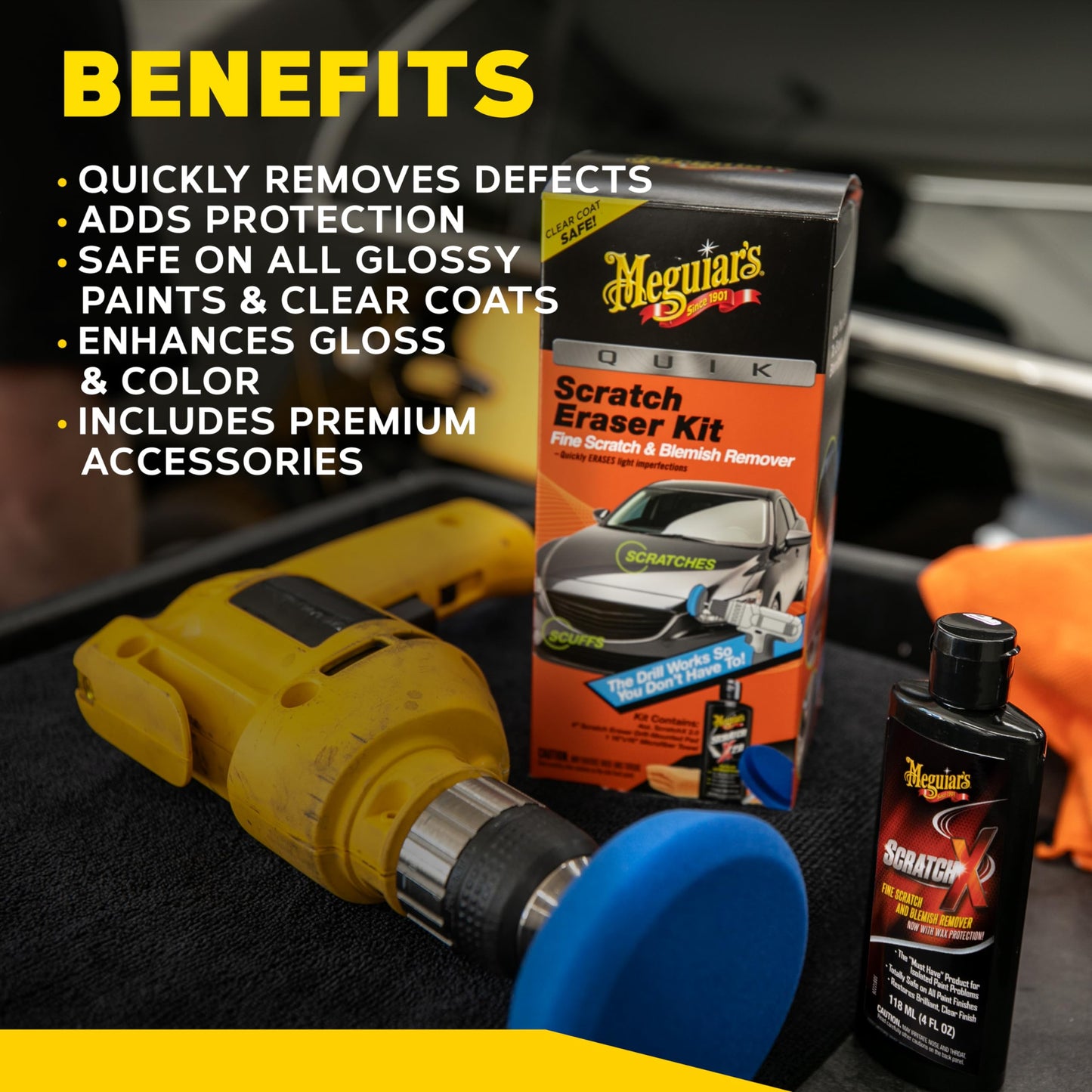 Meguiar's Quik Scratch Eraser Kit, Automotive Cleaning Kit for Car Paint Scratch Repair, Foam Pad, Drill Attachment, Microfiber Towel and Scratch Remover