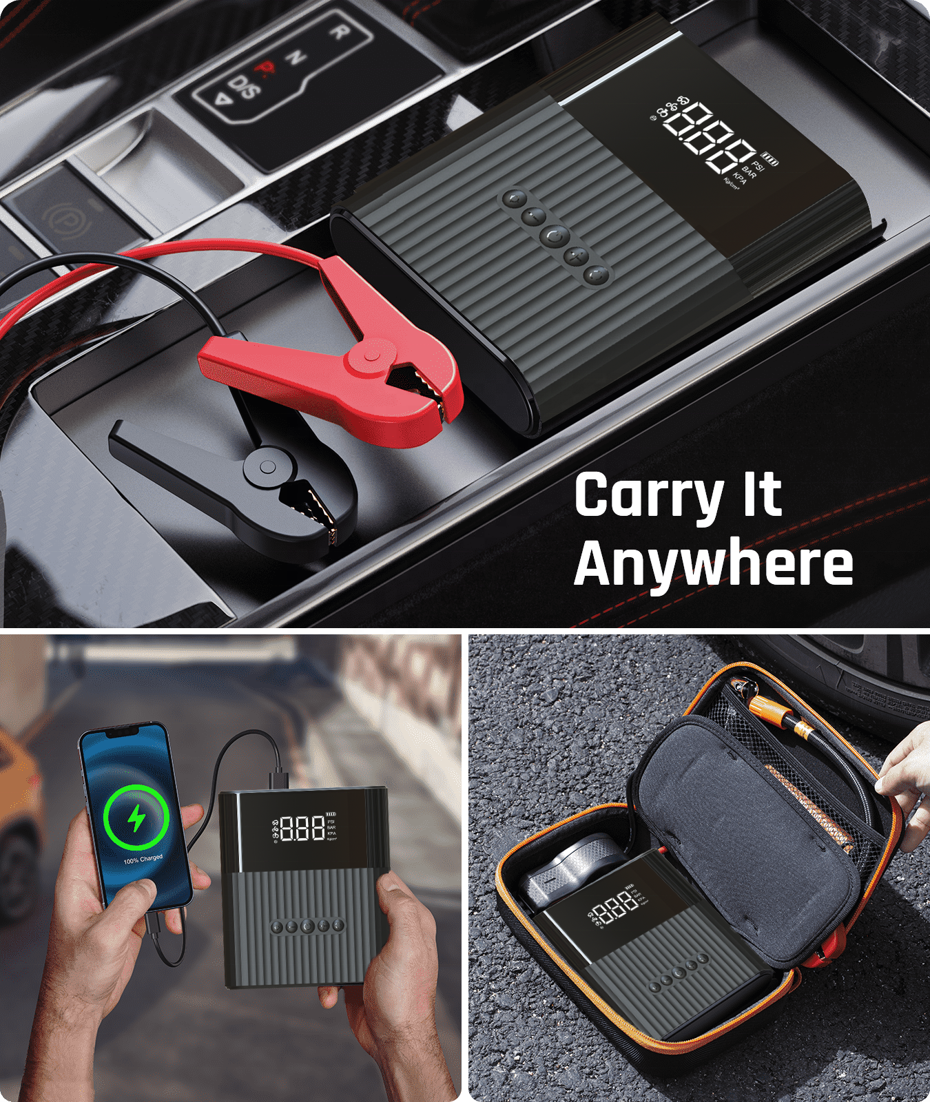 6 in 1 Functions Portable Jump Starter Battery Pack Air Compressor